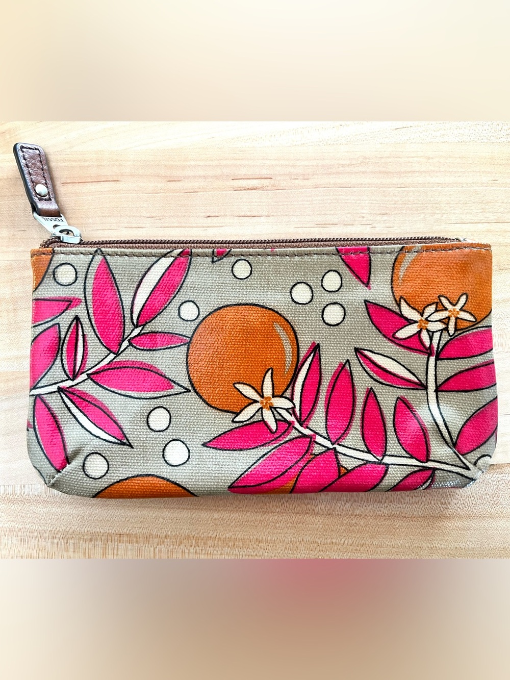 Fossil Key-Per Pink and Orange Floral Coated Canvas Wristlet Clutch